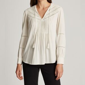 Theory Ivory Embroidered Lace Long Sleeve Peasant Top‎